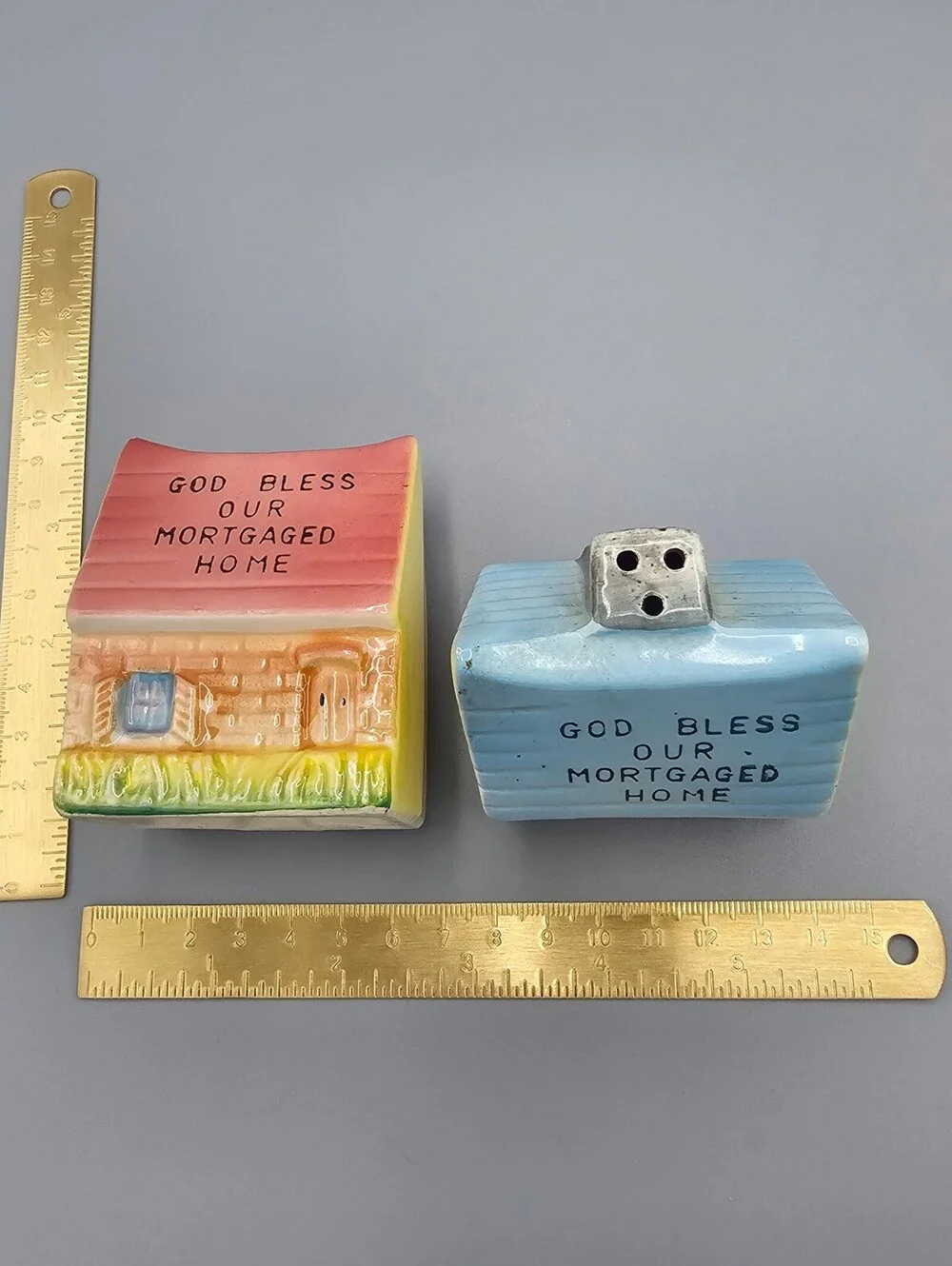 Vintage Ceramic Salt and Pepper Shakers - God Bless Our Mortgaged Home